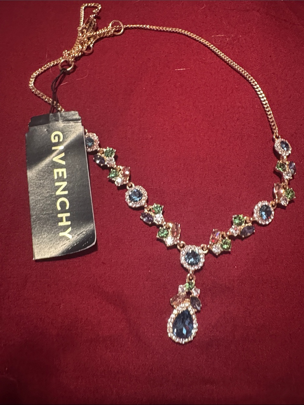 Givenchy Gold-Tone Multigem Teardrop Necklace with Blue, Green, and Pink Stones
